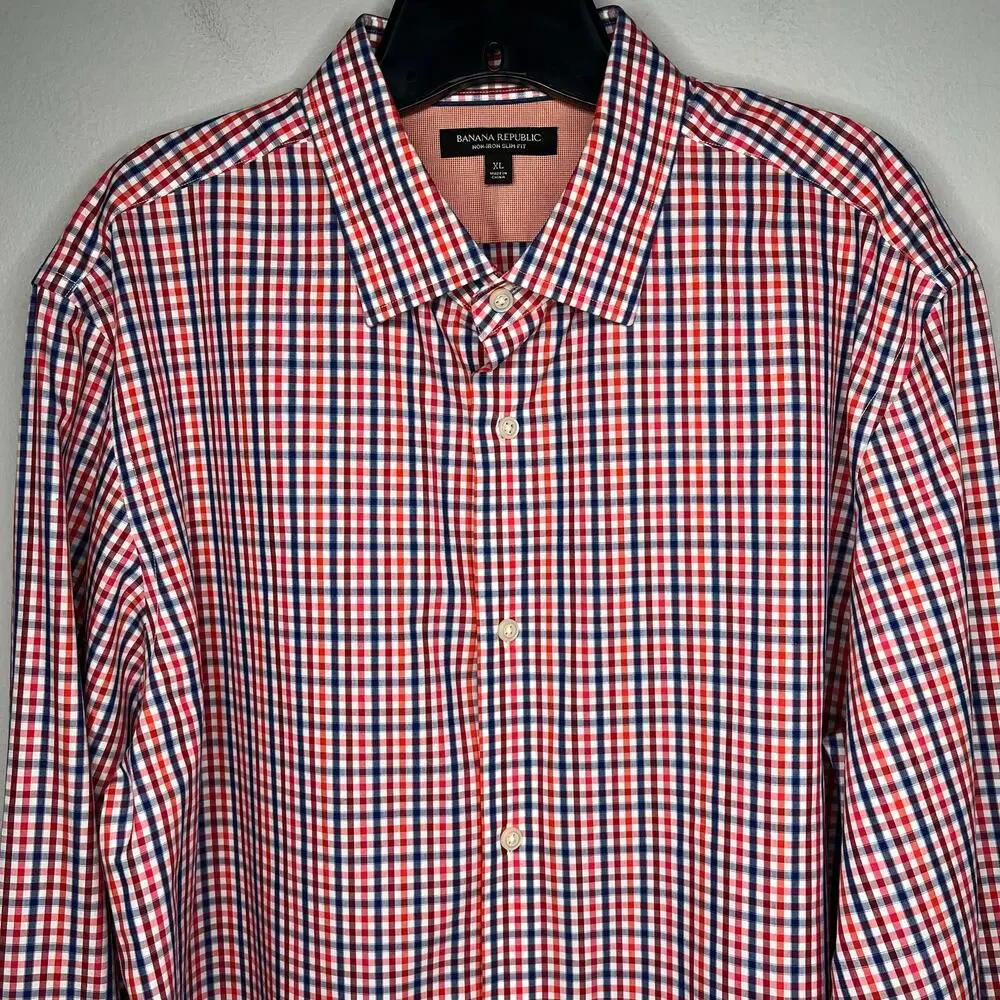 Banana Republic Button Dress Shirt Men XL Red Blue Check Plaid Non Iron Slim Fit